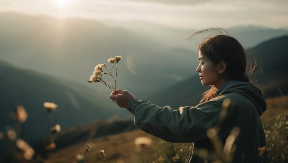 a young Asian woman enjoying the beauty of nature in the mountainous landscape