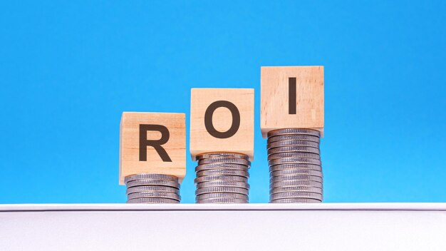 Text roi on wooden blocks with coins