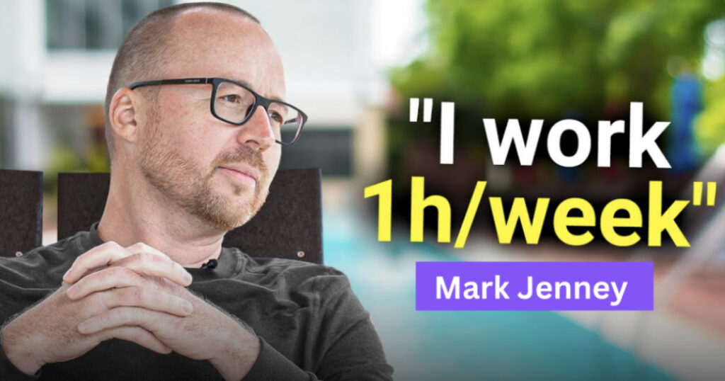 A man with glasses sitting comfortably with crossed hands, with text overlay stating "I work 1h/week" - Mark Jenney