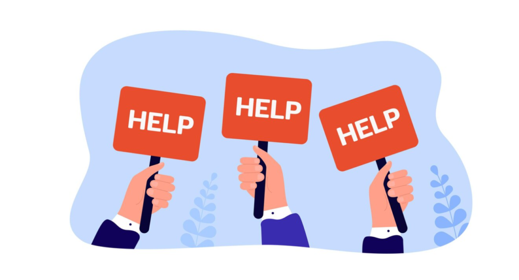 Three hands holding up signs with the word 'HELP' against a blue background