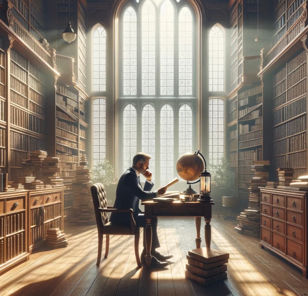 A middle-aged man pondering financial strategies at a desk in a sunlit, book-filled library