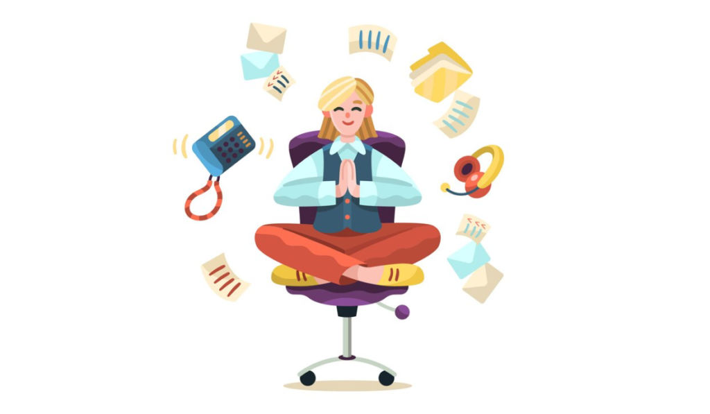 Animated woman meditating surrounded by work-related items in chaos