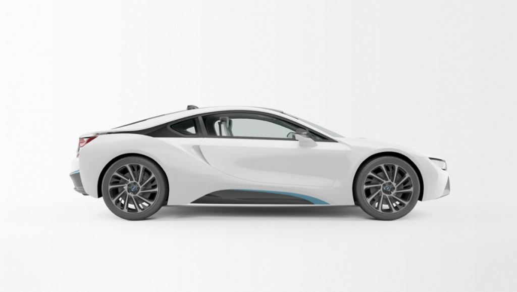 A side profile of a white electric sports car with blue design accents